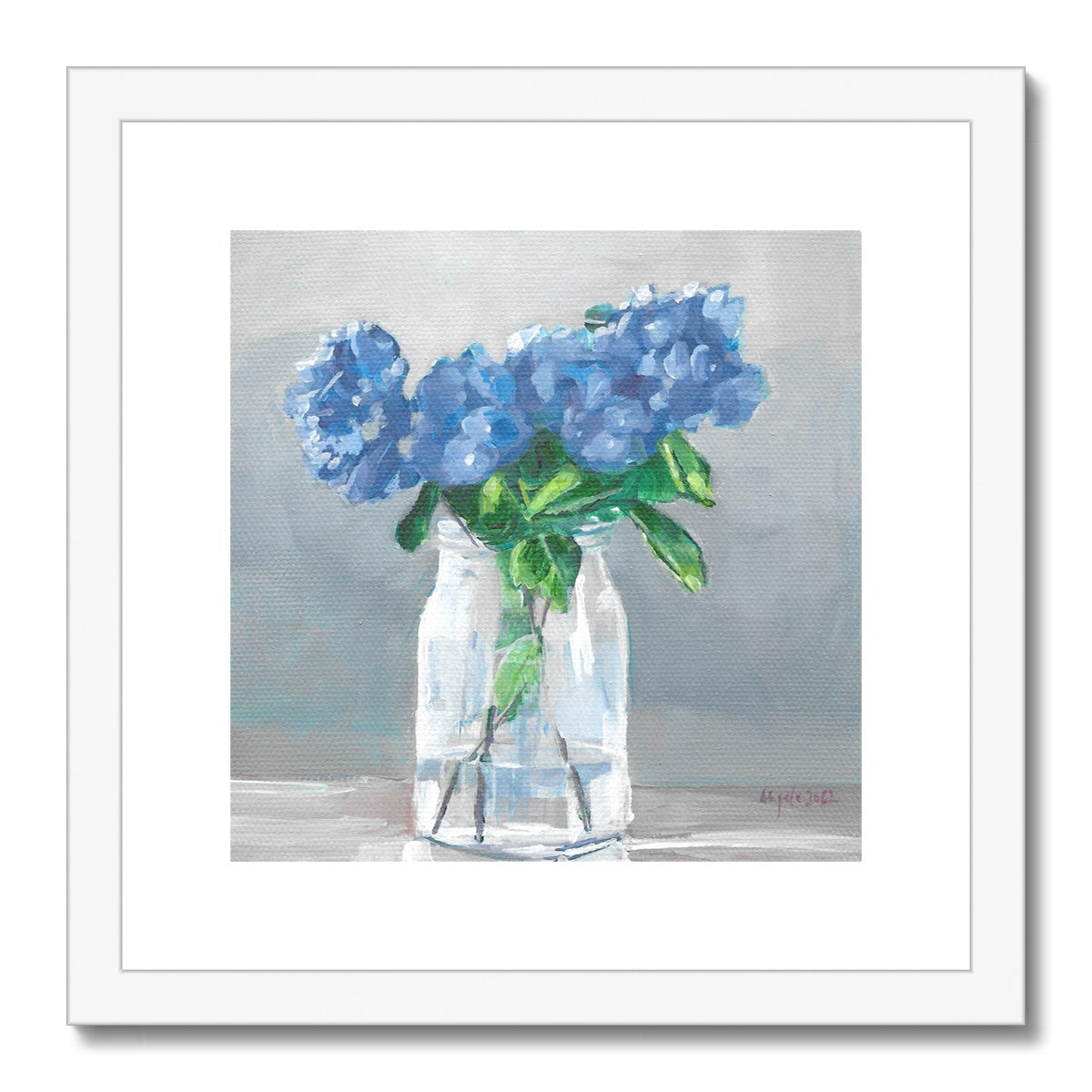 Blue hydrangea in vase Framed & Mounted Print 12x12”