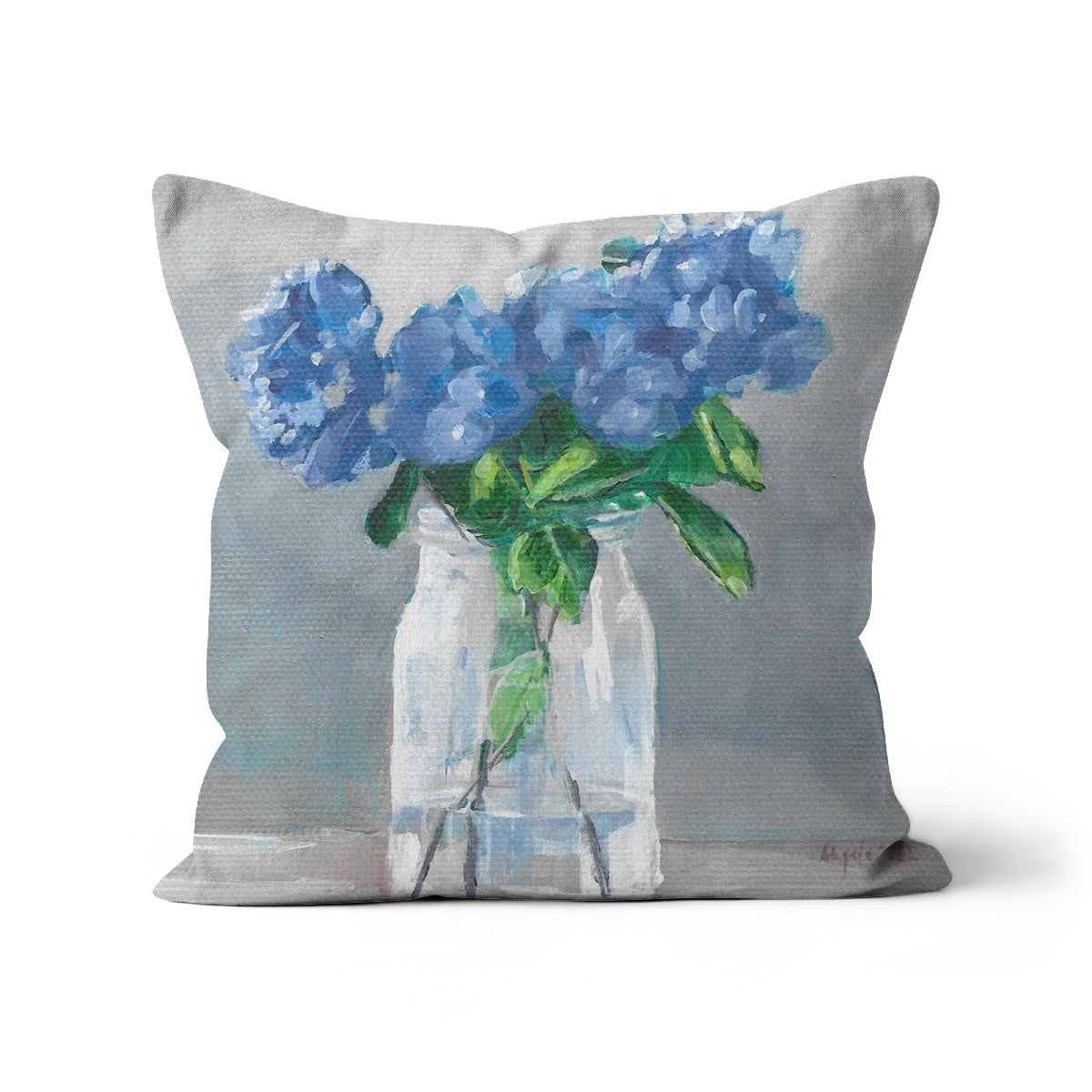 Blue hydrangea in vase Cushion