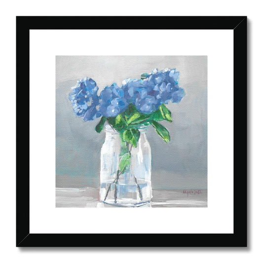 Blue hydrangea in vase Framed & Mounted Print 12x12”